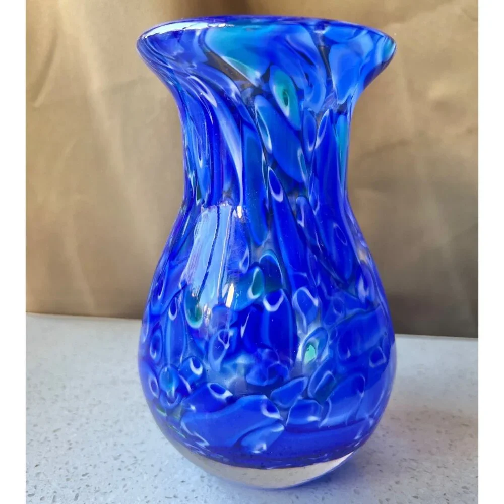 Bohemia Czech Republic Vase Blue & Green Swirl Blown Glass  6” READ Gift Art